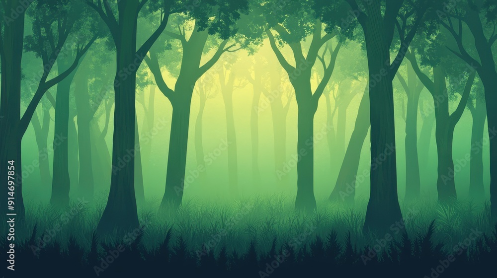 A forest landscape with towering trees and a mystical green fog, inviting exploration and tranquility in nature. A forest landscape with towering trees and a mystical green fog, inviting exploration and tranquility in nature.