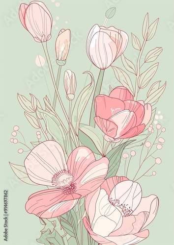 Wallpaper Mural Delicate pink flowers on light green background. Torontodigital.ca