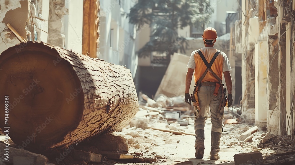 a man construction worker with no safety gear walking in a new building ...