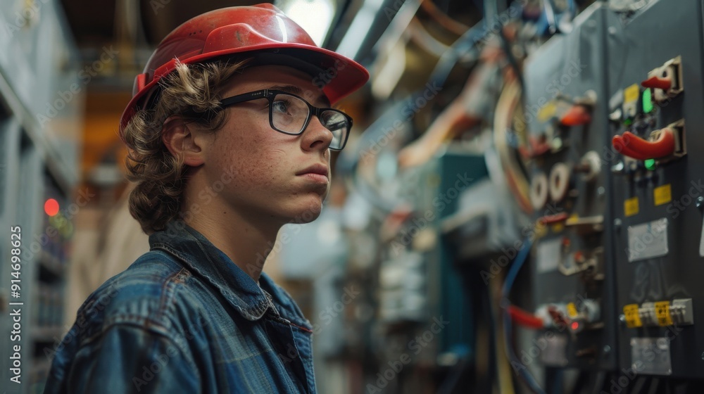 An electrician apprentice attentively studying a wiring diagram in a classroom filled with electrical equipment An electrician apprentice attentively studying a wiring diagram in a classroom filled with electrical equipment