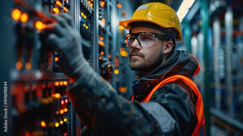 An electrical engineer in an industrial factory setting works on complex wiring diagrams and safety adjusts complex machinery.