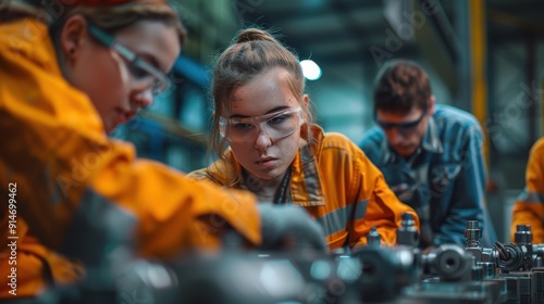 A group of students checking the quality and functionality of their completed metalwork project in a lively workshop setting.
