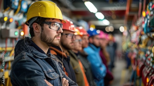 An instructor leads a group of focused apprentices through a practical training demonstration of using electrical tools.