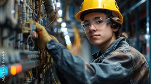 An apprentice practices wiring a residential electrical system in a vocational school lab while adhering to safety procedures. photo