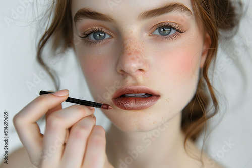 Young Woman Applying Brown Lipstick Makeup Beauty