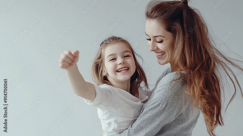 trendy and cheerful girl looking at camera while dancing with happy mom isolated on grey : Generative AI trendy and cheerful girl looking at camera while dancing with happy mom isolated on grey : Generative AI