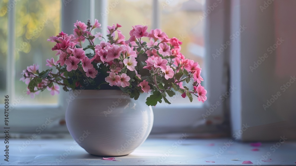 Fototapeta premium White pot with pink flowers