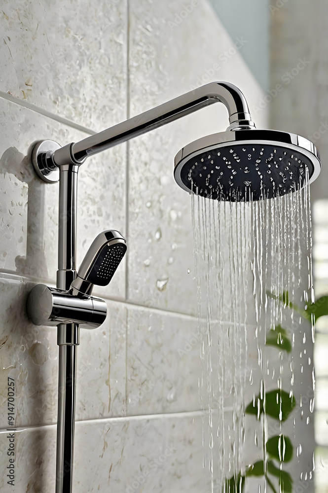 Modern Shower head With Rain Shower in Bathroom With Lush Greenery, water cascading down against a brick wall. Ai generative Modern Shower head With Rain Shower in Bathroom With Lush Greenery, water cascading down against a brick wall. Ai generative