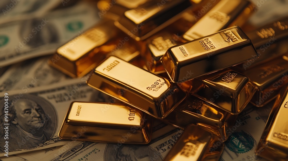 Pile of gold bars on background of dollar bills Gold bullions on usa banknotes close up shallow depth of field : Generative AI Pile of gold bars on background of dollar bills Gold bullions on usa banknotes close up shallow depth of field : Generative AI