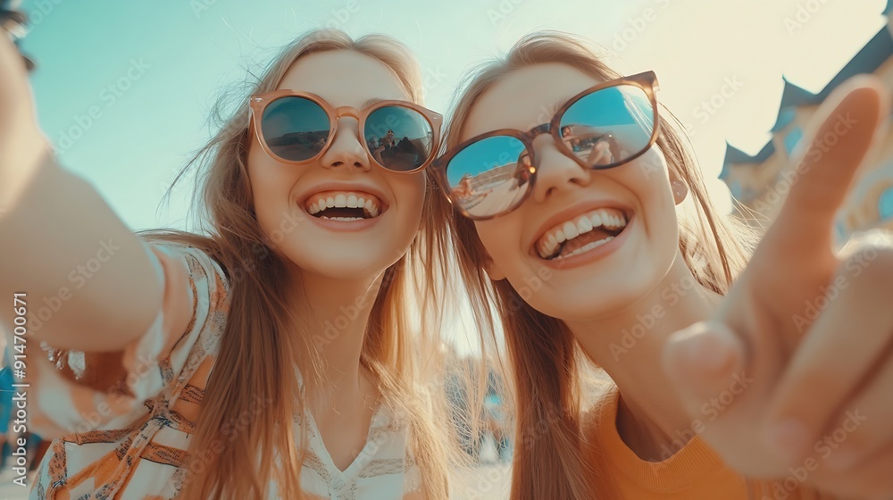 Vertical photo Two girl friends making a frame with hands A group of young people is happily celebrating taking a selfie together Smiling women having fun during their leisure travel : Generative AI Vertical photo Two girl friends making a frame with hands A group of young people is happily celebrating taking a selfie together Smiling women having fun during their leisure travel : Generative AI