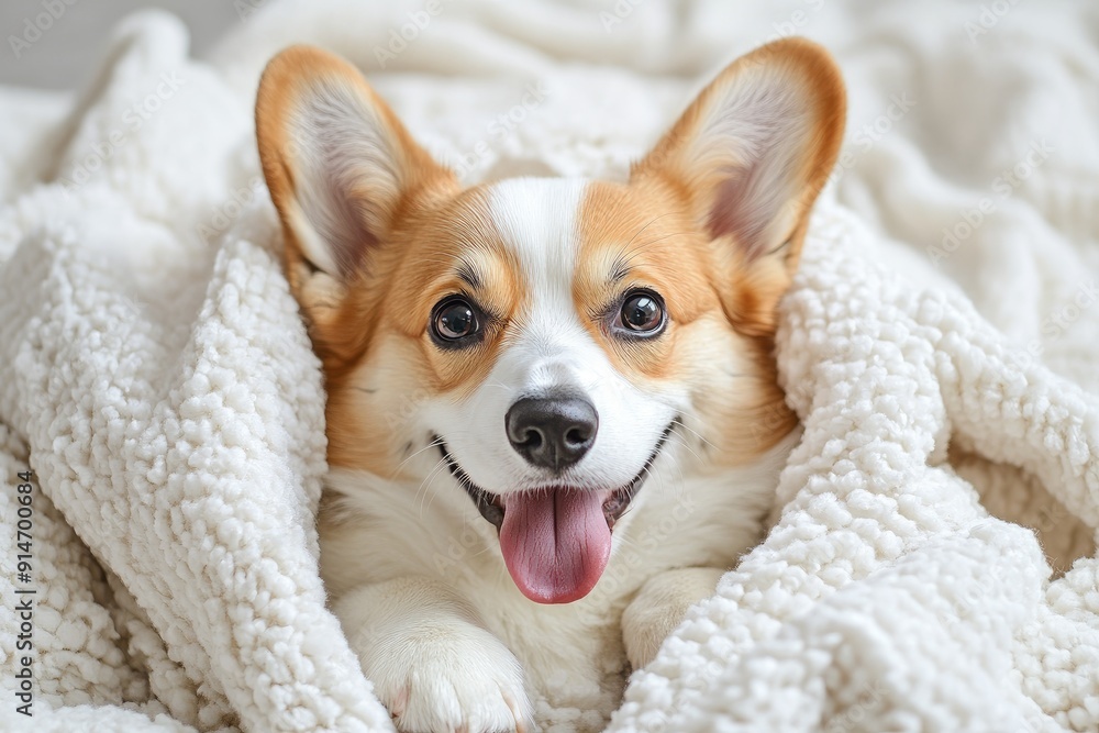 A happy corgi dog peeks out from a blanket. This photo is perfect for websites, social media posts, or advertisements related to pet care, comfort, or cuteness. A happy corgi dog peeks out from a blanket. This photo is perfect for websites, social media posts, or advertisements related to pet care, comfort, or cuteness.