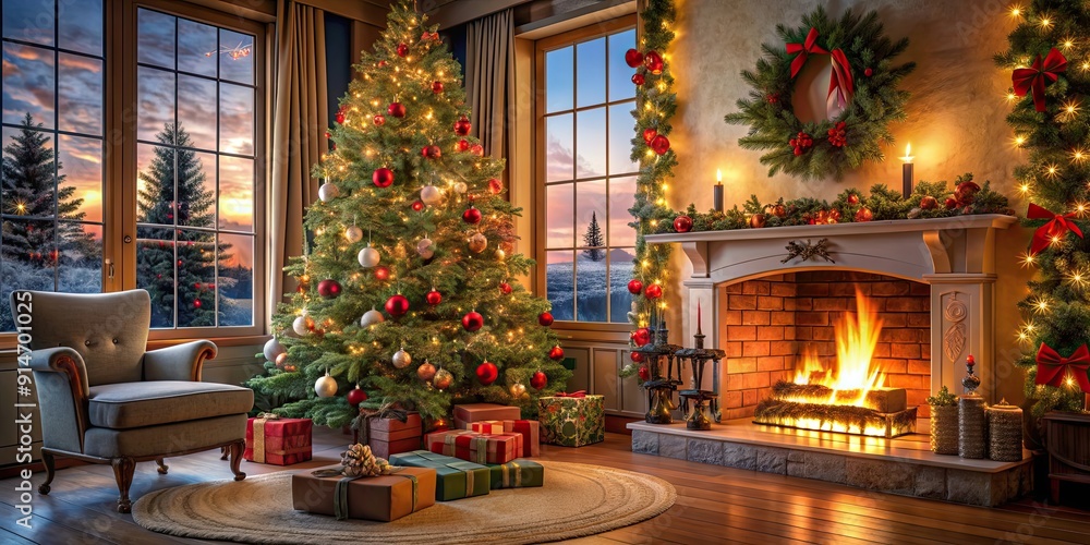 Winter scene with a beautifully decorated Christmas tree by the fireplace in a cozy house setting, Christmas, tree, fireplace Winter scene with a beautifully decorated Christmas tree by the fireplace in a cozy house setting, Christmas, tree, fireplace
