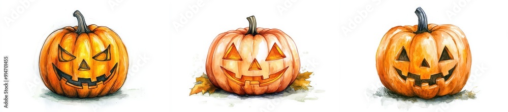 Watercolor Halloween Pumpkin with Carved Face Watercolor Halloween Pumpkin with Carved Face