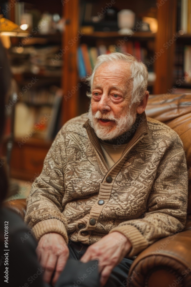 A man in a brown sweater sits in a leather chair. AI. A man in a brown sweater sits in a leather chair. AI.