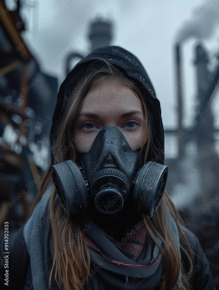 A woman wearing a gas mask stands in front of an industrial backdrop. AI. A woman wearing a gas mask stands in front of an industrial backdrop. AI.