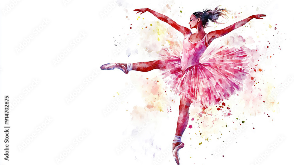 Fototapeta premium Elegant Watercolor Ballet Dancer in Pink Tutu Performing Graceful Dance Moves on White Background