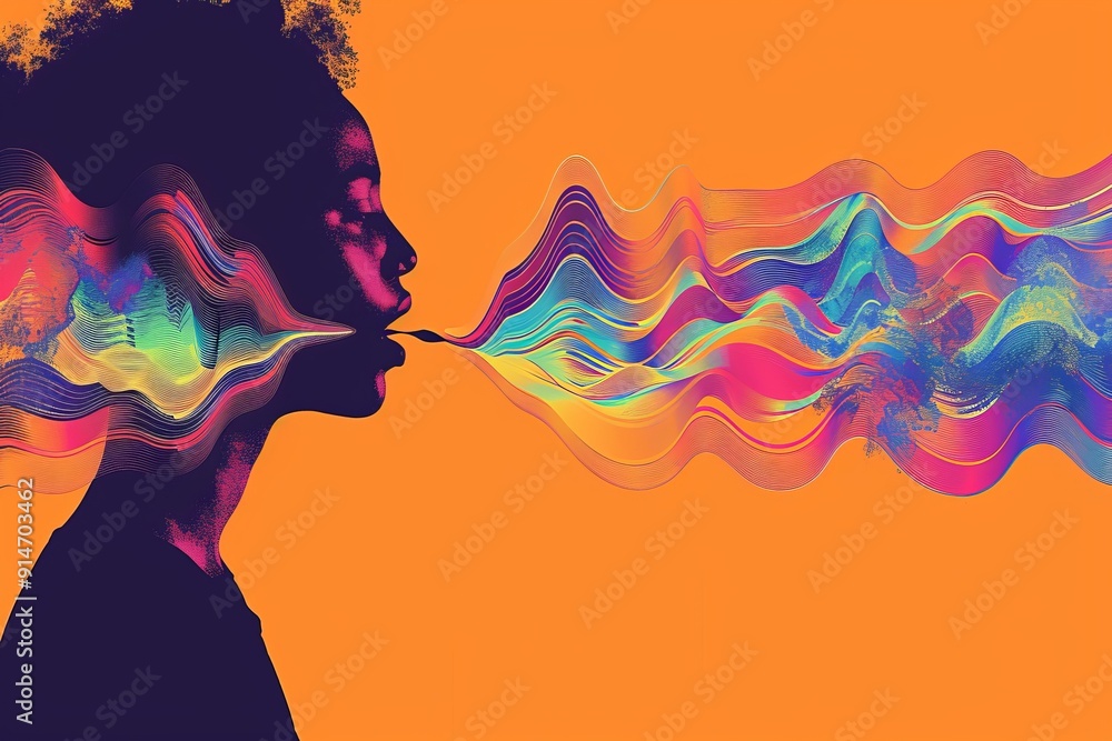 Fototapeta premium Illustrated sound waves emanating from a person speaking.April 16th.World Voice Day.Concept illustration of the phenomenon of voice