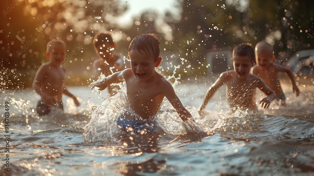 Obraz premium Happy Children Splashing in a Lake on a Sunny Day