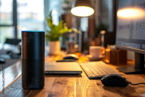 Close-up of a modern voice assistant device on a desk, with ample copy space on the right.World Voice Day.Concept illustration of the phenomenon of voice.16 April.