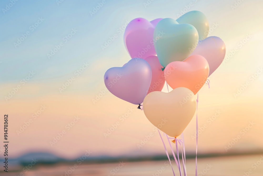 Fototapeta premium Pastel heart balloons floating in the sky.