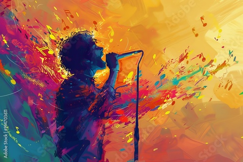 April 16th.World Voice Day.A vibrant illustration of a person singing into a microphone with floating musical notes photo