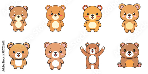 Multiple illustrations of cute bears, black outline lines