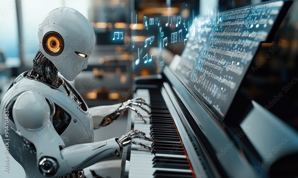 Fototapeta premium Robot Playing Piano in Modern Music Studio