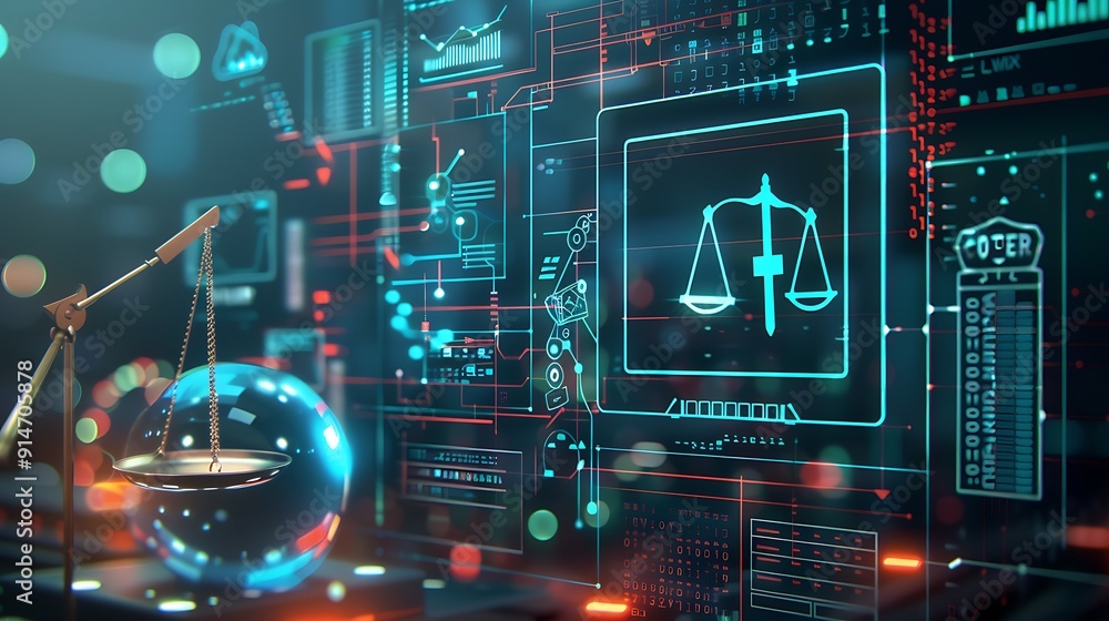Obraz premium Digital Justice: Scales of Justice on a Futuristic Interface