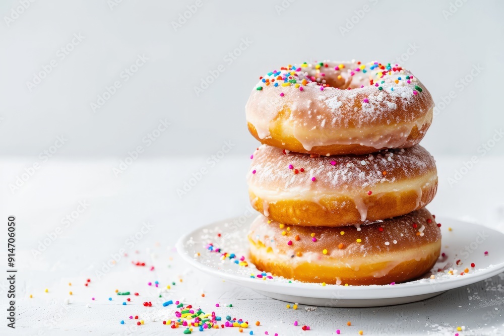 A stack of glazed donuts with colorful sprinkles on a white plate, ample copy space.Junk Food Day.Fast Food Day.Greasy Food Day.
A stack of glazed donuts with colorful sprinkles on a white plate, ample copy space.Junk Food Day.Fast Food Day.Greasy Food Day.