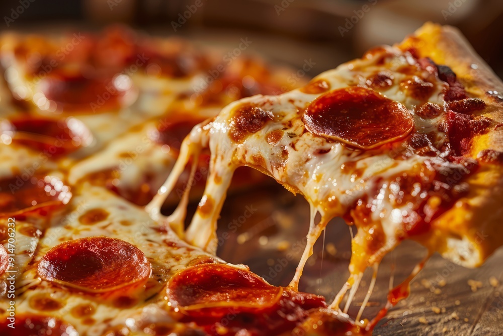 A close-up of a pepperoni pizza slice being lifted from the whole pizza.Fast Food Day.Junk Food Day.Greasy Food Day. A close-up of a pepperoni pizza slice being lifted from the whole pizza.Fast Food Day.Junk Food Day.Greasy Food Day.