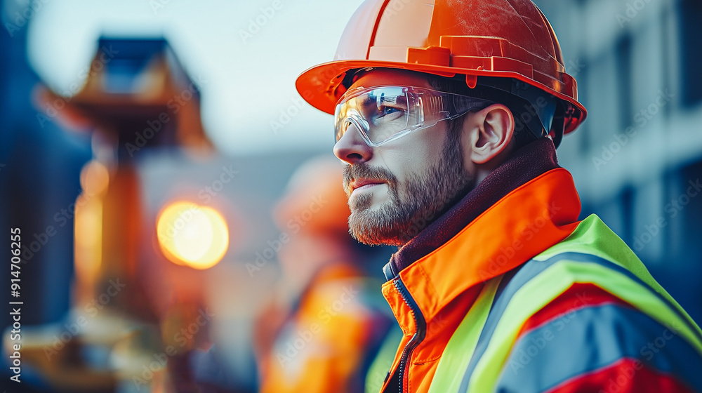 Fototapeta premium A construction worker in reflective safety gear and a hard hat gazes thoughtfully at a worksite, reflecting dedication and professionalism in a challenging environment.