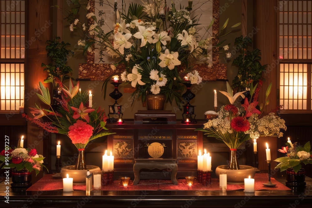 custom made wallpaper toronto digitalA beautifully decorated Obon altar with flowers, incense, and candles.Japan Obon festival.Obon matsuri,yukata,kimono,household altars