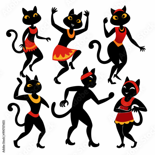 Afro-Cuban Dance Cat Silhouettes Set - Vector Line Art, Black Silhouette, Isolated on White Background