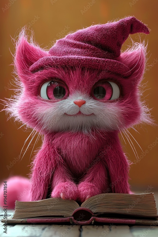 Cute Pink Cat Wearing a Witch Hat Reading a Book Cute Pink Cat Wearing a Witch Hat Reading a Book