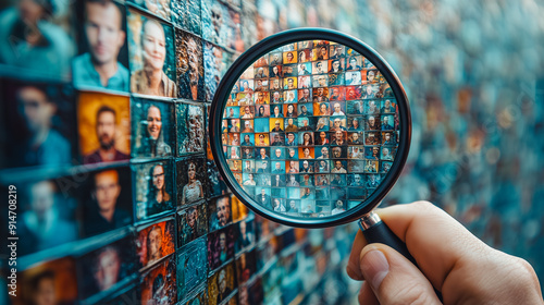 A hand holding a magnifying glass closely examines a wall filled with diverse individual portraits, representing detailed scrutiny or selection. photo