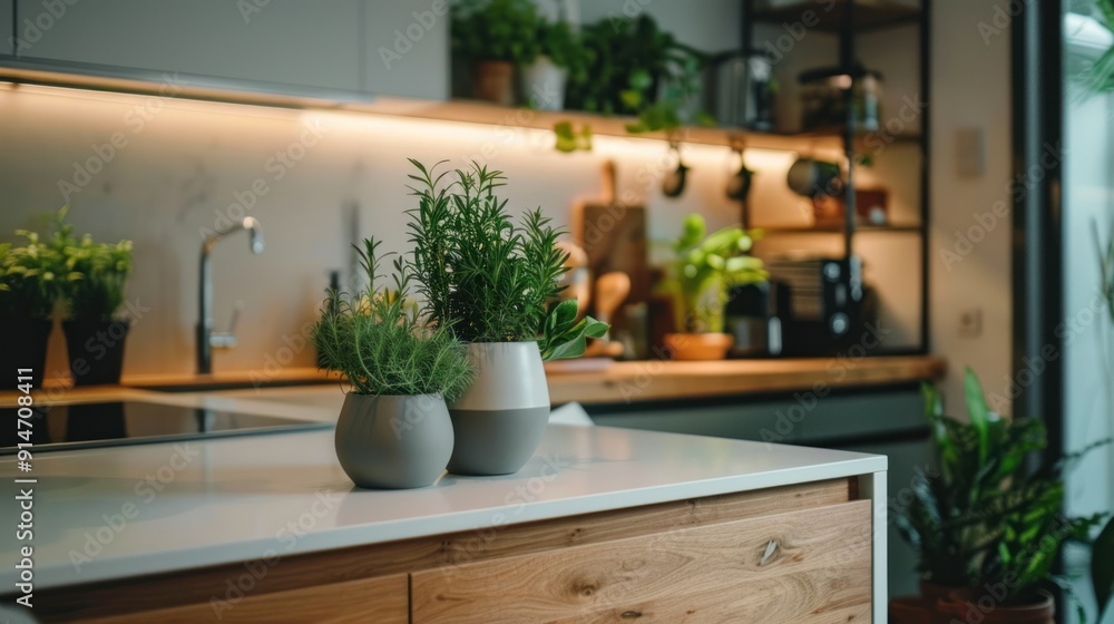 Two potted plants on a white countertop in a modern kitchen Two potted plants on a white countertop in a modern kitchen