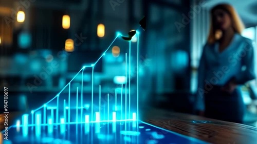 The 3d growth business graph on success financial represents profit and revenue growth, a blue bar graph with a gold arrow pointing upwards, a blurred background with a businesswoman standing