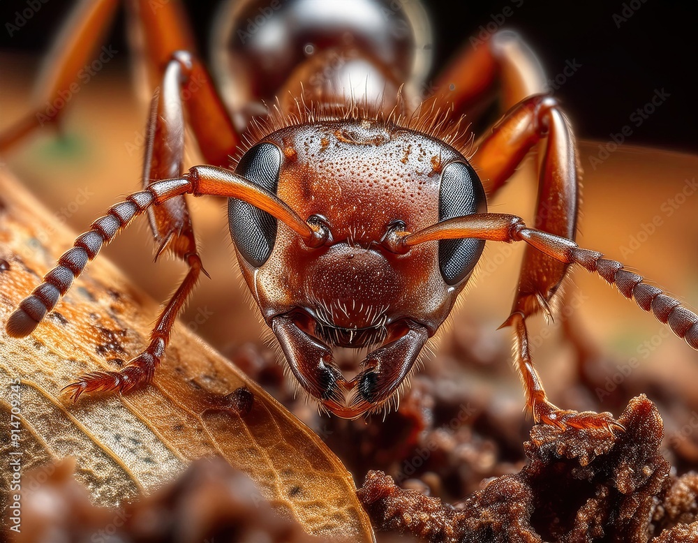 Red wood ant in extreme macro close up on a branch, with intricate features on full display against a forest backdrop. Highlighting nature's wild beauty up close Red wood ant in extreme macro close up on a branch, with intricate features on full display against a forest backdrop. Highlighting nature's wild beauty up close