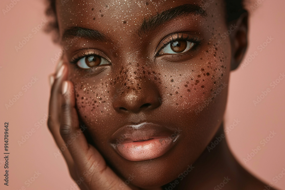 A closeup portrait of a young woman with dark skin and freckles. Her eyes are brown and she is looking directly at the camera. Her hand is resting on her cheek. The background is a soft pink. A closeup portrait of a young woman with dark skin and freckles. Her eyes are brown and she is looking directly at the camera. Her hand is resting on her cheek. The background is a soft pink.