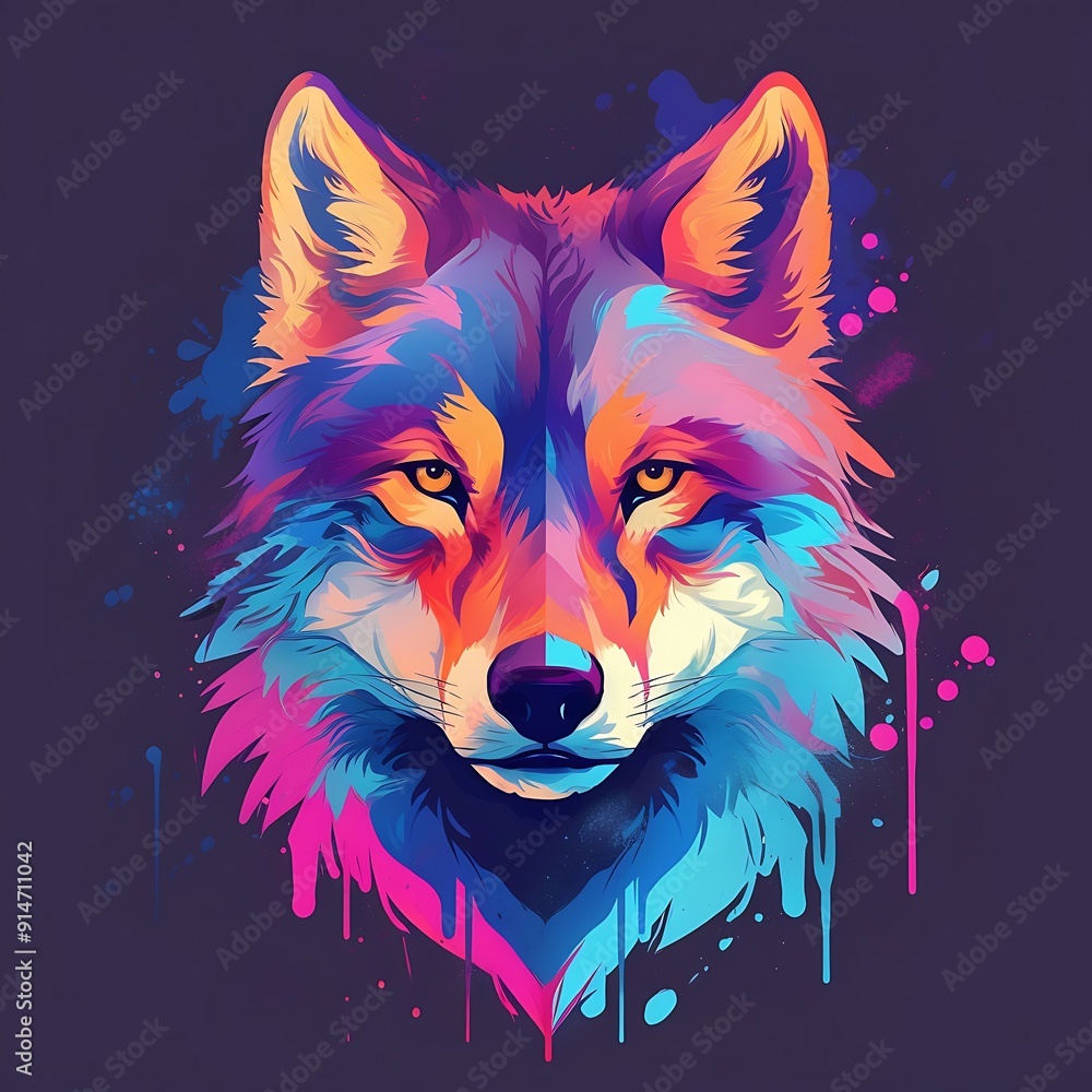 Naklejka premium Colorful Wolf Head Portrait Against Dark Background