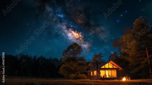 Cozy cabin under a starry night sky in the woods