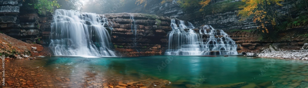 A waterfall cascading with vibrant hues, focus on, theme vitality, surreal, overlay, rocky cliff backdrop A waterfall cascading with vibrant hues, focus on, theme vitality, surreal, overlay, rocky cliff backdrop