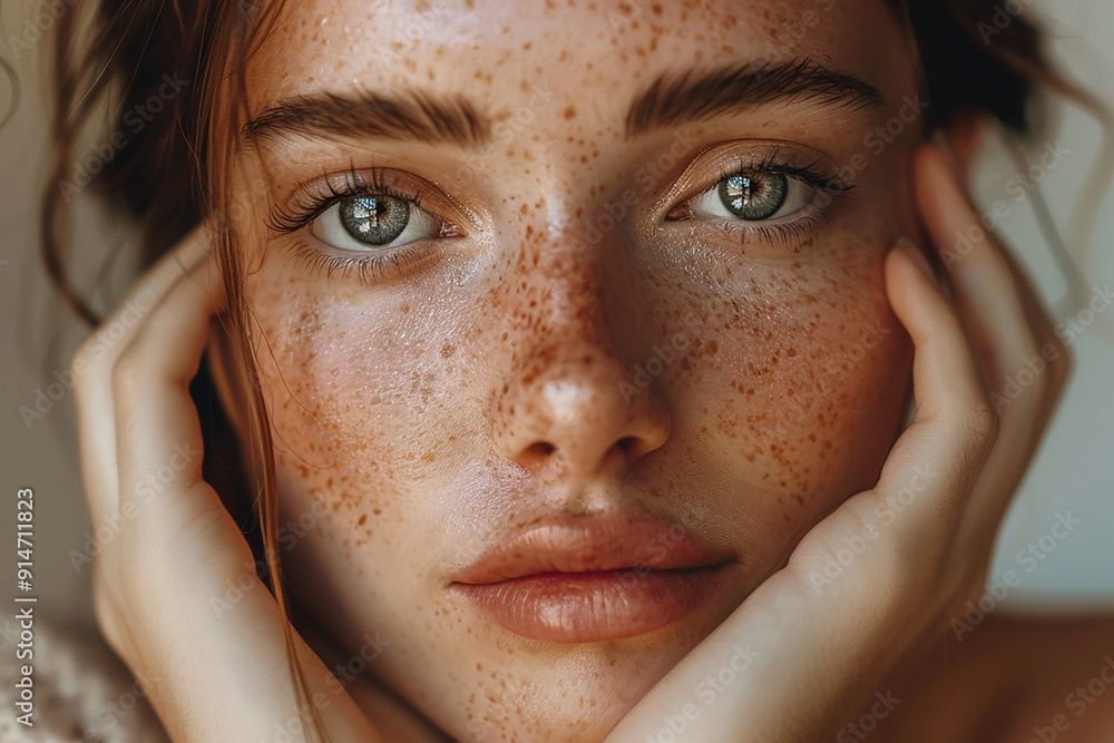 A closeup portrait of a young woman with light brown hair, freckles, and large, blue eyes. Her hands are gently placed on her cheeks, and she looks directly at the camera. A closeup portrait of a young woman with light brown hair, freckles, and large, blue eyes. Her hands are gently placed on her cheeks, and she looks directly at the camera.