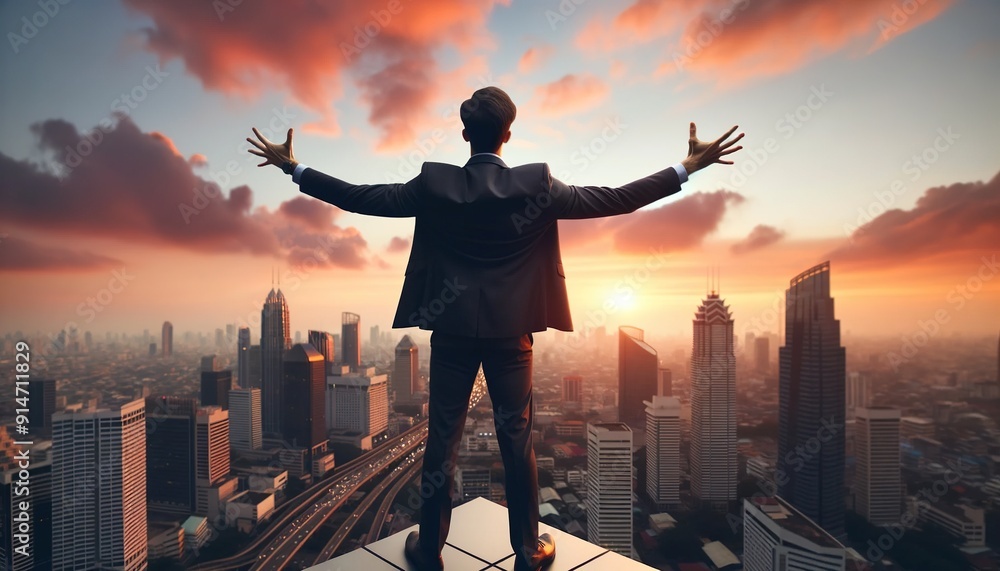 Businessman with arms outstretched on top of a building (3) Businessman with arms outstretched on top of a building (3)