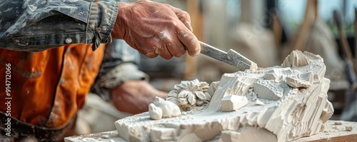 Artist chiseling a sculpture with breakthrough techniques, close up, theme ingenuity, dynamic, composite, outdoor workshop backdrop