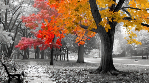 vibrant autumn colors in a serene park with selective color treatment photo