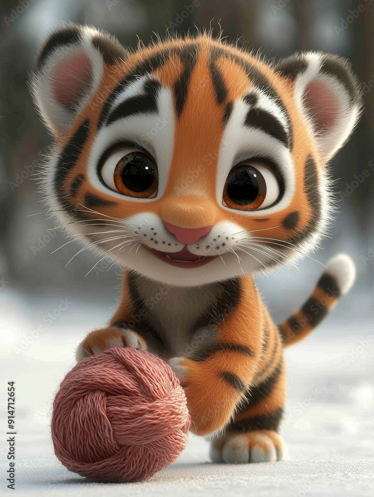 Cute Cartoon Tiger Cub Playing with a Ball of Yarn Cute Cartoon Tiger Cub Playing with a Ball of Yarn
