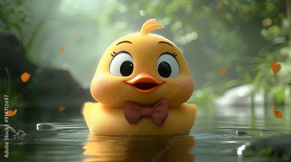 Adorable Yellow Duckling in a Pond with a Pink Bow Adorable Yellow Duckling in a Pond with a Pink Bow