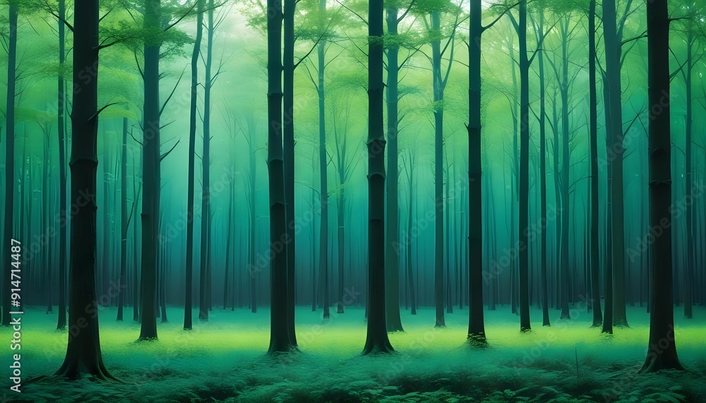 Obraz premium A vertical ombre with deep forest green fading into a bright lime at the bottom, set against a softly blurred, natural background resembling dense foliage.