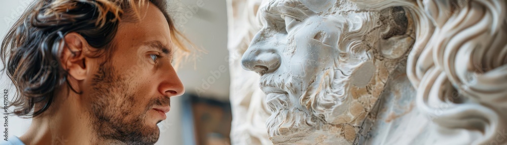 Obraz premium Sculptor shaping a vision into a masterpiece, focus on, theme craftsmanship, realistic, overlay, marble workshop backdrop